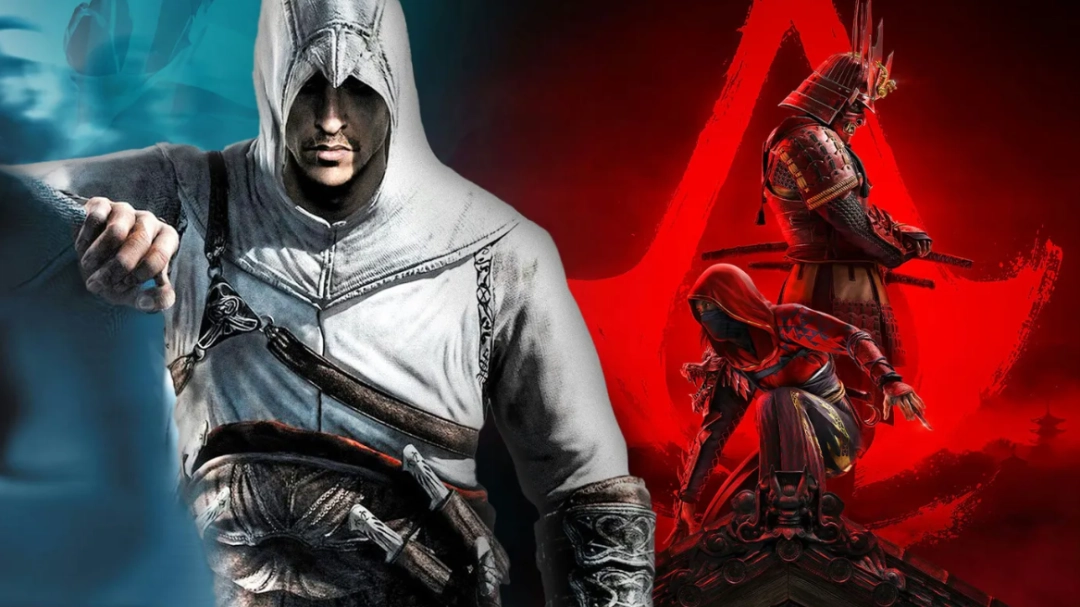 《刺客信条：影》游戏主视觉图：主角奈绪江身着深蓝忍者装束立于京都黄昏街道，背景为金阁寺剪影与飘落的樱花，画面光影层次丰富，氛围沉静而锋利