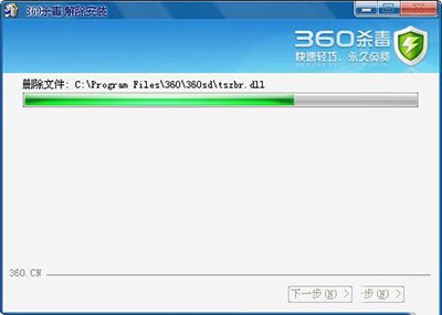 卸载进度条界面，蓝色填充条显示‘正在清理注册表项’，底部有齿轮旋转动画表示后台服务正在运行