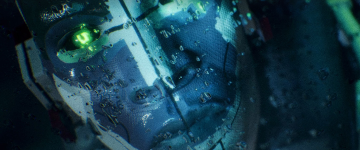 《马拉松》官方宣传主视觉图：赛博废土风格城市废墟中，三名装备各异的Runner背靠背警戒，空中悬浮着破损的轨道列车与全息警示标识，整体色调冷峻而充满张力