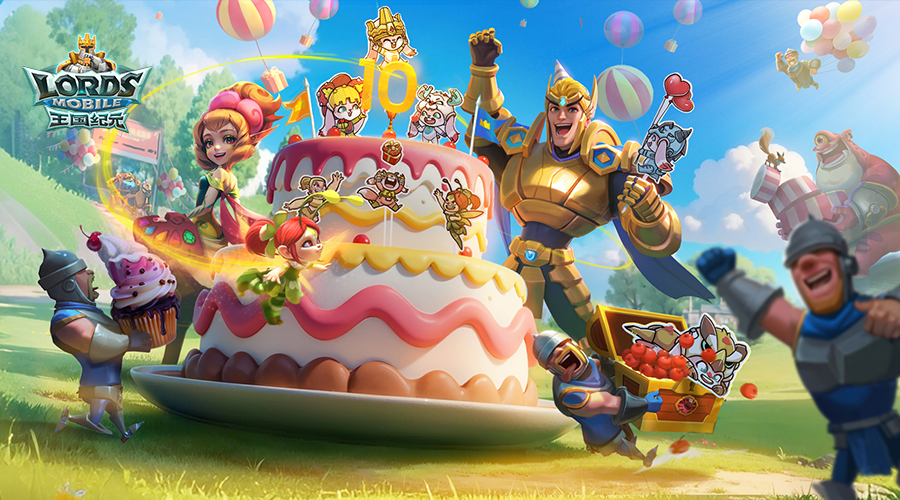 《王国纪元》十周年主视觉海报：金色王冠悬浮于战火与繁星交织的艾娜希大陆上空，下方是无数旗帜飘扬的恢弘城池群