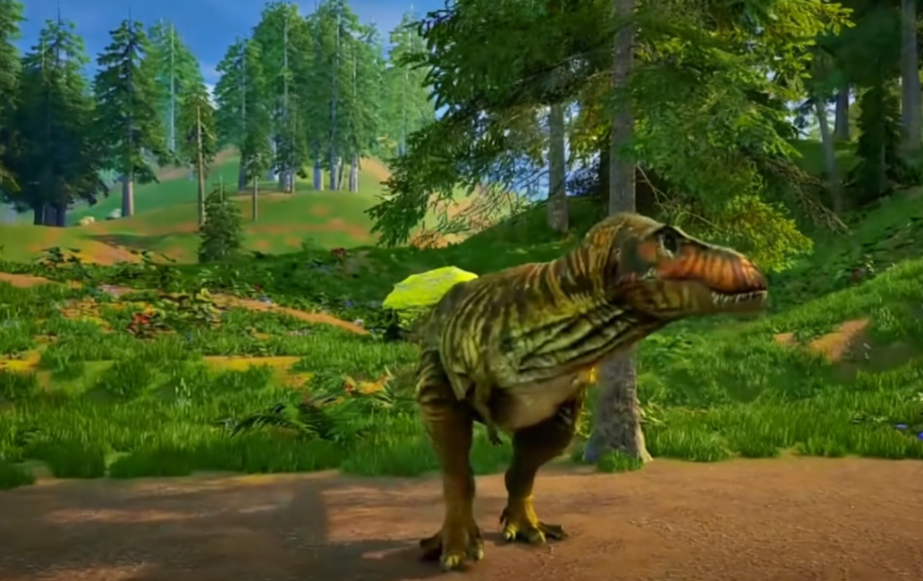 敏捷暴龙潜行伏击：半隐于茂密苏铁丛中，仅露出泛着寒光的利齿与竖立的耳廓，瞳孔收缩成细线，蓄势待发