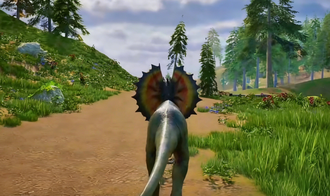 双冠龙与特暴龙协同作战：双冠龙喷吐绿色毒雾笼罩敌阵，特暴龙趁机从侧翼突入，利齿咬住一名敌方异兽颈部