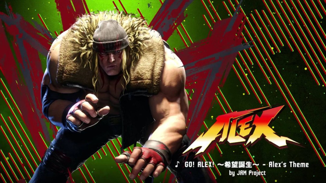 《街霸6》中Alex登场CG画面：肌肉虬结的壮硕战士高举双臂怒吼，背景为燃烧的拳台与动态粒子特效，整体风格硬朗激昂