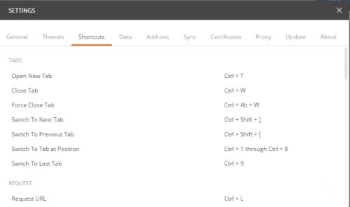 Postman快捷键帮助面板展开状态，顶部导航栏已高亮选中About选项卡