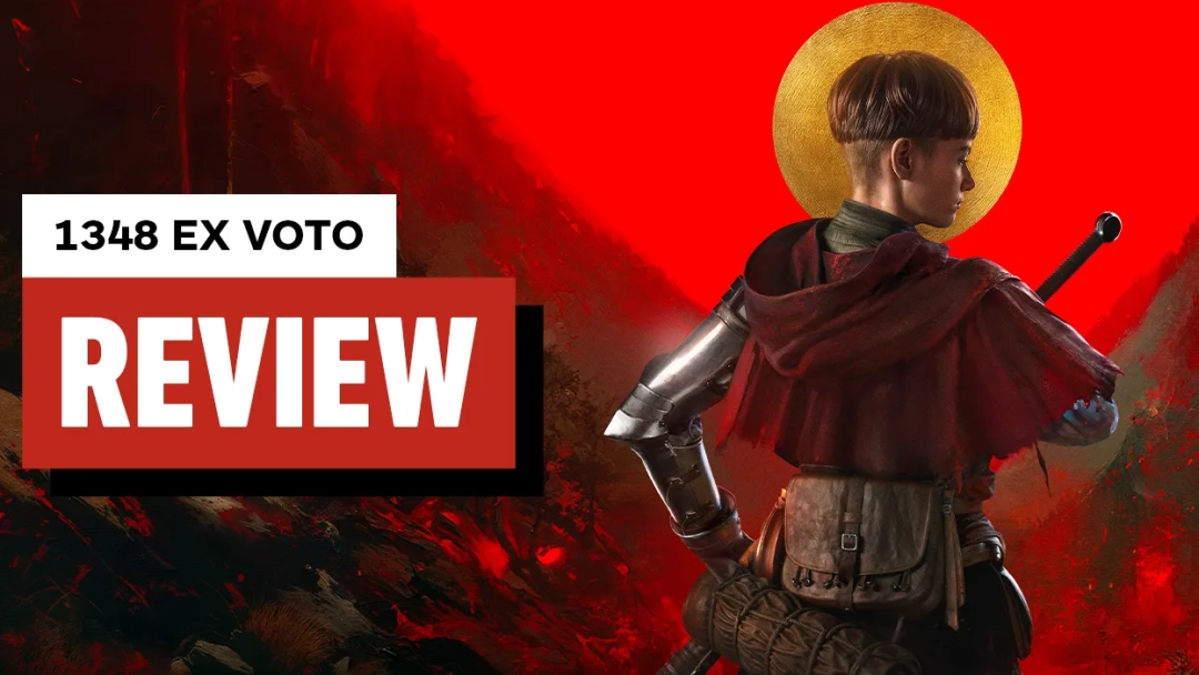 游戏开场场景：阴云密布的中世纪山隘，身披灰袍的女性骑士Aeta持剑伫立，身后是燃烧的村庄与飞散的乌鸦，画面色调冷峻、光影对比强烈，充满末世史诗感