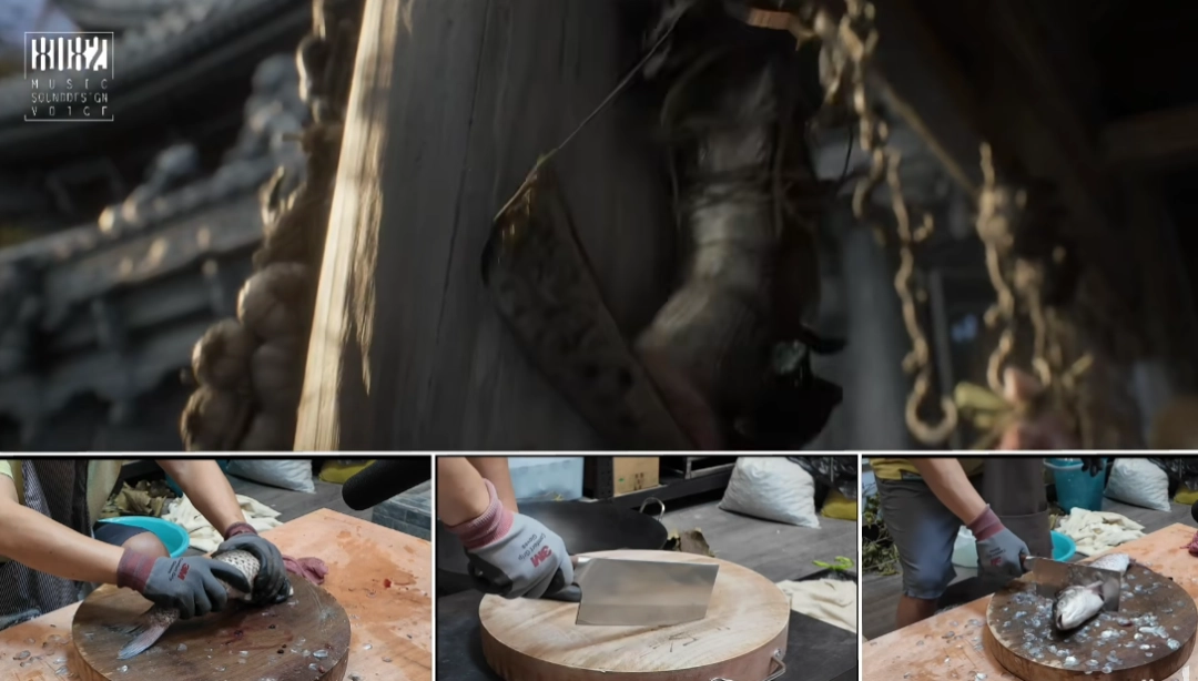 截图一：古风厨房内景，厨师手持长筷翻动铁锅，锅中油星四溅，火苗跃动映亮墙面雕花