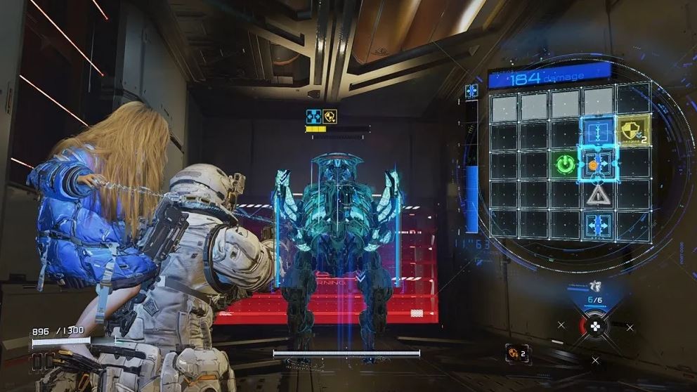 《识质存在》游戏实机画面：主角身处冷色调赛博空间，左手释放数据流光束进行远程黑客攻击，右手持脉冲步枪瞄准敌方机器人，背景屏幕滚动着实时破解代码与敌方状态参数