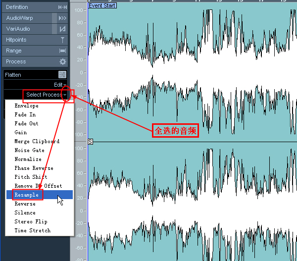 Cubase Sample Editor界面截图，右侧工具栏中'Process'下拉菜单被展开，'Sample Rate Conversion'选项正被鼠标悬停，左侧波形图显示全选状态