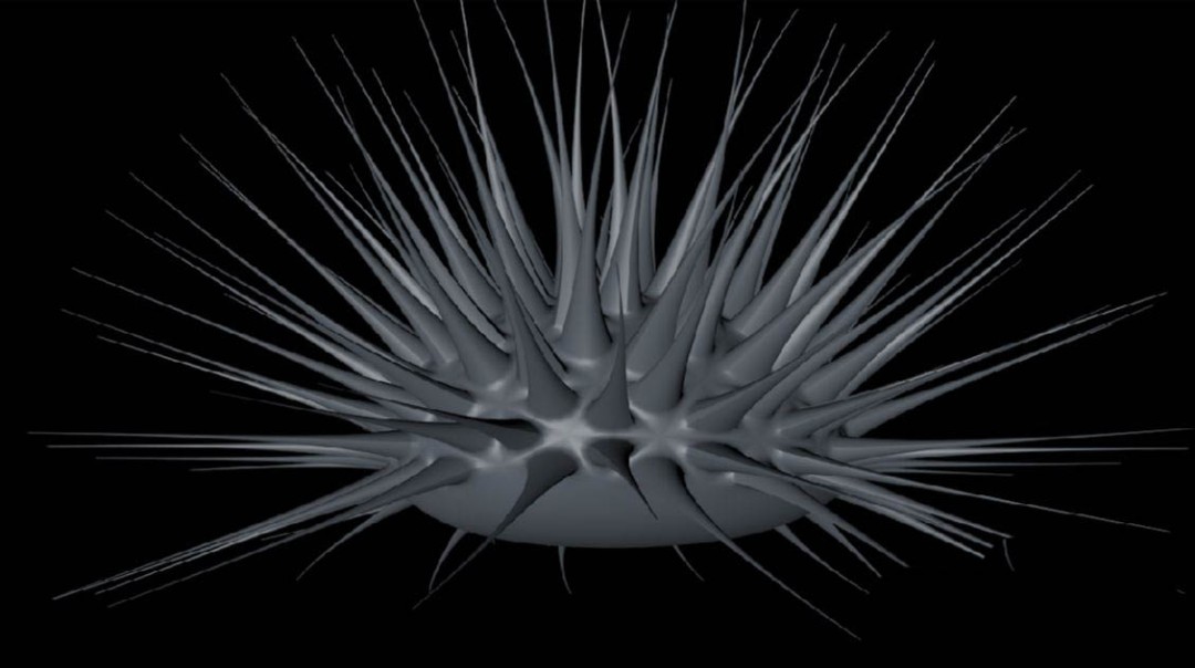 C4D界面中，一个二十面体圆球被FFD变形器包裹，网格控制点正被拖拽调整，整体轮廓已初步呈现海胆类球状+微起伏的生物形态