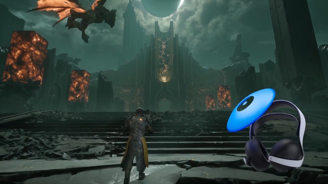 《Saros》游戏实机截图：第一人称视角下瞄准镜中的外星机械守卫，其关节处闪烁幽蓝能量纹路，DualSense扳机阻力可视化提示即将触发高精度爆头