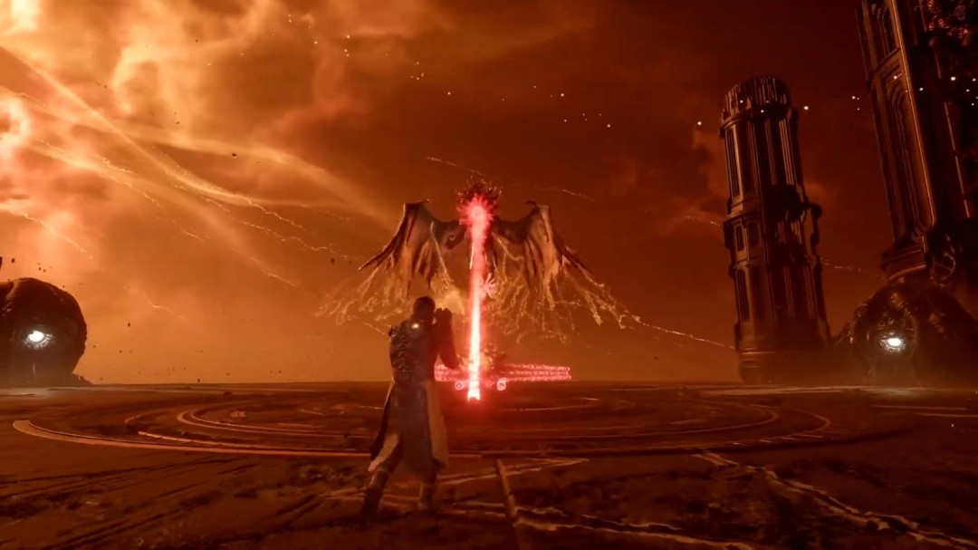 《Saros》游戏实机截图：最终场景概念图，主角立于破碎穹顶之上，脚下是蔓延整颗星球的发光神经网络，远处两轮血色卫星悬停，暗示宏大宇宙阴谋