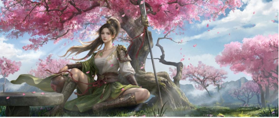 关银屏全新立绘展示图，身着青白战甲，手持长枪立于山野之间，背景水墨晕染，细节精致，气质英飒