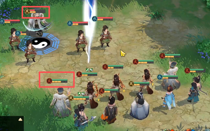 合击技能释放瞬间CG画面：青龙偃月刀劈裂长空，金色结义符文环绕三人，地面浮现巨大八卦阵图，敌方全体角色头顶弹出-18742暴击伤害与‘禁疗3回合’状态图标