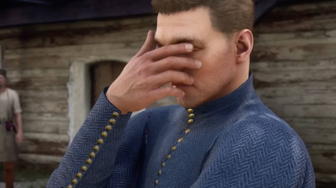 《天国：拯救2》游戏内中世纪小镇实景截图，石板街道蜿蜒，木质建筑林立，NPC角色身着考究历史服饰自然行走，画面光影细腻、氛围厚重