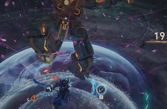 动态战斗回放截图：伽罗弓弦拉满释放二技能，箭矢划出淡蓝色轨迹，同时铠从侧翼突进，双技能特效在Boss身上交汇爆发出紫金色冲击波，屏幕右上角实时显示‘破防持续7.8s’状态条