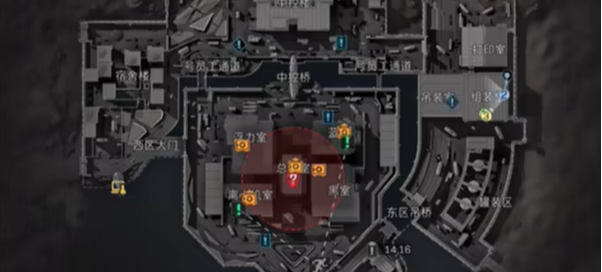 航天基地组装室二楼平面示意图，红色箭头标出标准进入路径，蓝色圆圈高亮标注密码门精确坐标位置