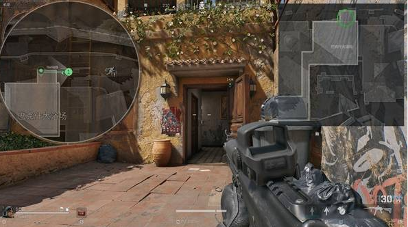 第一人称视角游戏截图：玩家持枪靠近浴室更衣区角落，镜头聚焦于一扇嵌入式金属门，门上泛着蓝光的数字键盘清晰可见