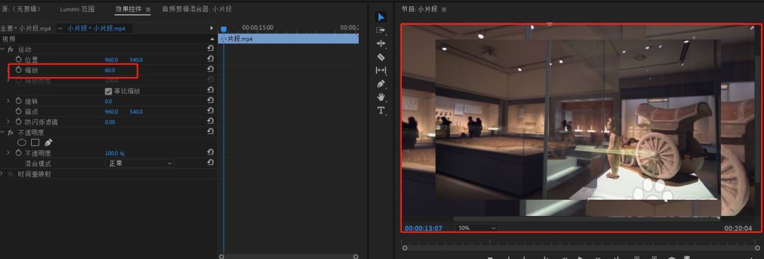 效果控件面板特写，缩放数值被精确设置为60%，数值框高亮显示