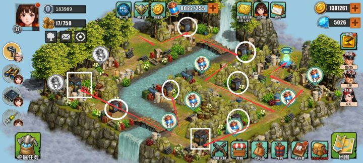 军火岛第5-6图立体化资源热力图，钥匙密集区用金色光点标注，大箱周围设红色警戒范围提示防守要点