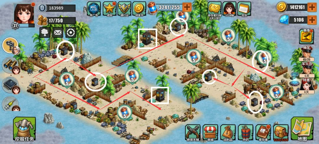 军火岛第7图高清标注版，重点圈出此前遗漏的小箱子位置（位于坍塌楼梯转角处），并更新钥匙补全点位