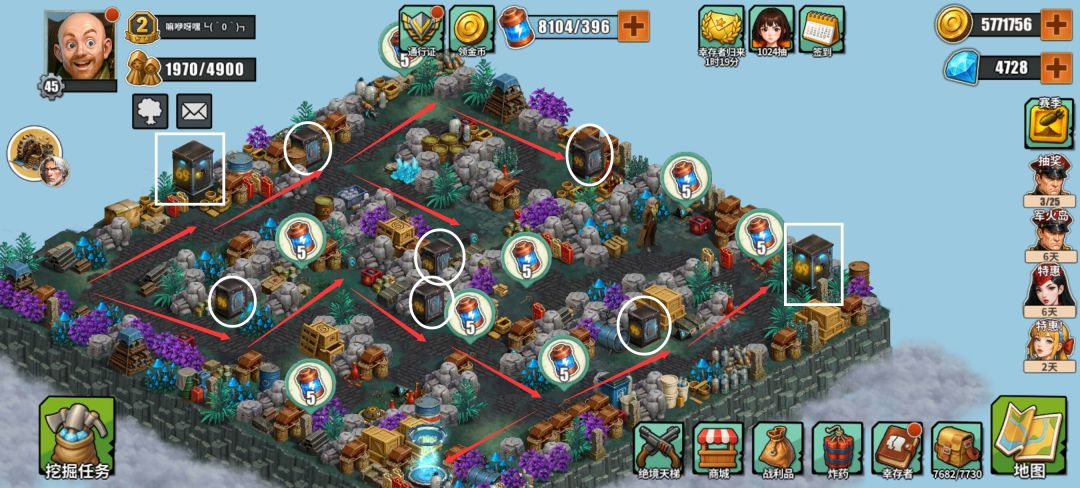 实战视角还原图：玩家角色正蹲伏于大箱旁使用钥匙开启，屏幕左上角UI显示当前持有钥匙数为3/3，背景可见未开启的第二只大箱