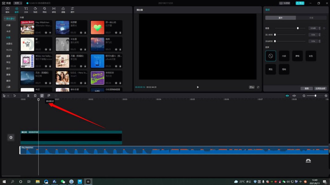 工具栏局部放大图：‘自动踩点’功能按钮位于音频处理区，图标为动态音符与瞄准十字线组合设计