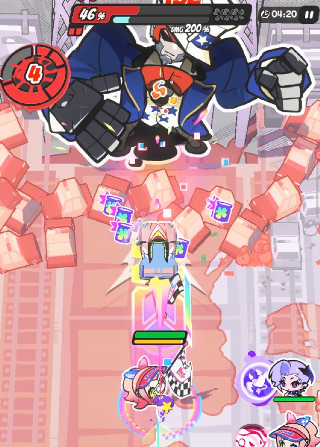 技能演示动图：小车在霓可与BOSS间呈Z字形高速弹射，每次碰撞溅射彩色粒子，屏幕中央实时刷新‘标记伤害+12%’与‘染色效率+3%’叠加层数