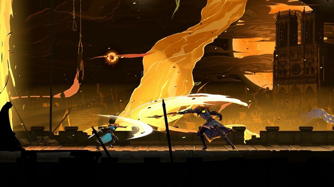 《恶魔城：贝尔蒙特的诅咒》官方预告封面图：阴云密布的巴黎铁塔剪影下，身披暗红斗篷的贝尔蒙特家族战士持鞭而立，背景浮现破碎的古老钟楼与飘散的拉丁文符咒，整体色调冷峻诡谲，尽显经典恶魔城式哥特压迫感