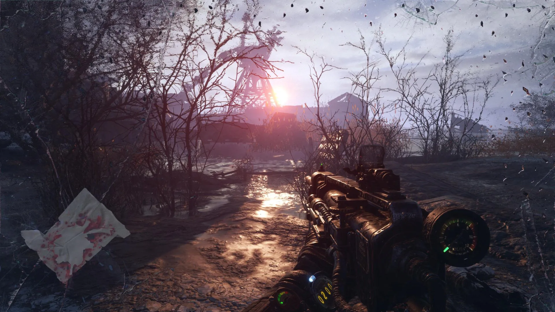 《地铁》系列标志性废土场景概念图：阴云密布的锈蚀城市天际线，远处矗立着破损的巨型广告牌与坍塌高架桥，地面覆盖灰白辐射尘，氛围沉重而真实