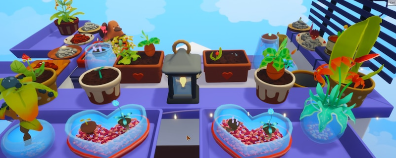 《Garden in》游戏界面特写：一排紧密排列的成熟向日葵花盆，植株茎叶交错却无任何间距缝隙，展现极致紧凑的阳台布景效果