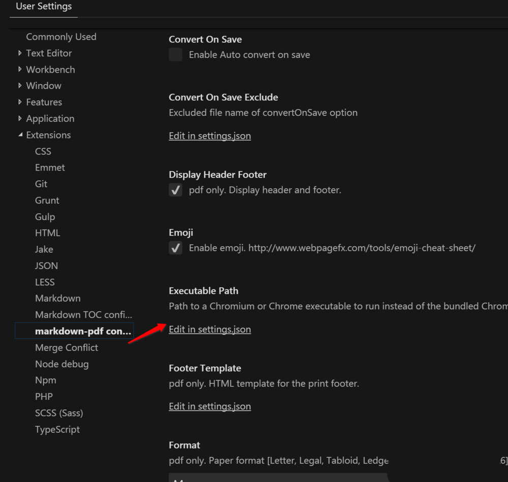 VSCode的settings.json编辑器界面，光标正位于新增的markdown-pdf.executablePath配置行，路径字符串已完整填写并带双反斜杠转义