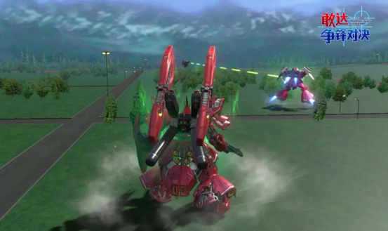 多机协同作战画面：沙扎比居中释放腹部米加粒子炮，左侧葵丝机光束直射，右侧邱尼机跃起过人斩，三股能量交汇于敌方阵型中心