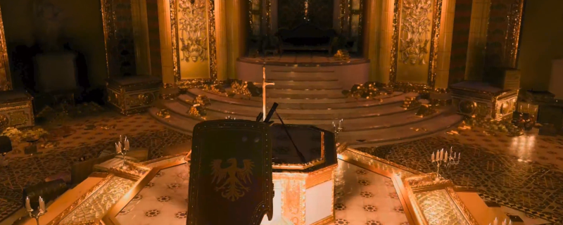 《红色沙漠》游戏内黄金剑特写画面：剑身呈熔金质感，刃部流转微光，剑柄镶嵌三枚空置齿轮槽，背景为阿比斯大殿石质高台与哥特式穹顶